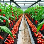 **A smart farm in Johor, Malaysia, featuring chili plants with visible soil moisture sensors. The scene should depict a modern agricultural setup, highlighting the use of technology in farming. Focus on healthy, vibrant chili plants and the technological devices monitoring them.**