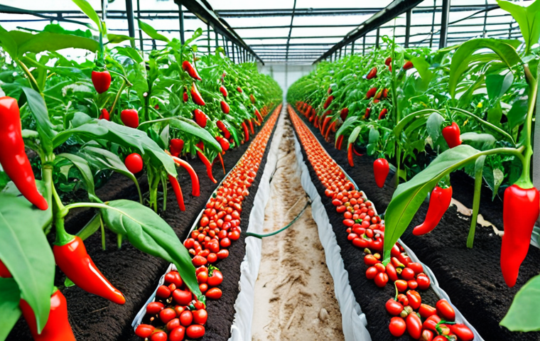**A smart farm in Johor, Malaysia, featuring chili plants with visible soil moisture sensors. The scene should depict a modern agricultural setup, highlighting the use of technology in farming. Focus on healthy, vibrant chili plants and the technological devices monitoring them.**